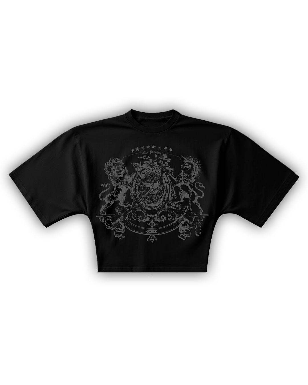 tee boxy the throne negro 4ozz — remera con emblema heráldico serigrafía gris